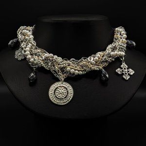 Retro Gothic Multi Strand Mixed Metal and Pearl Necklace with Charms